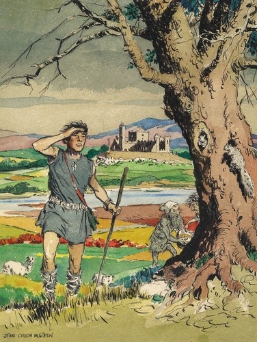 Un pastor junto a un árbol en este boceto de acuarela para una historia inédita de 'Príncipe Valiente', 1991